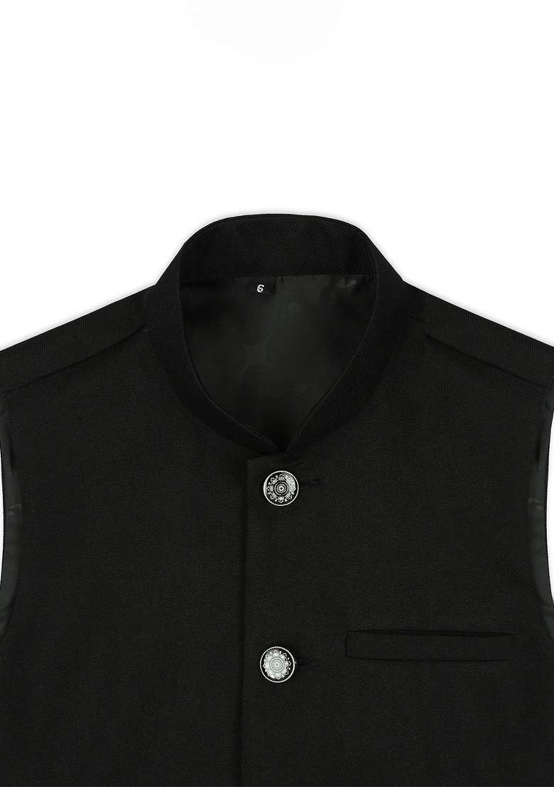 Black Solid Poly Cotton Nehru Jacket - Indya