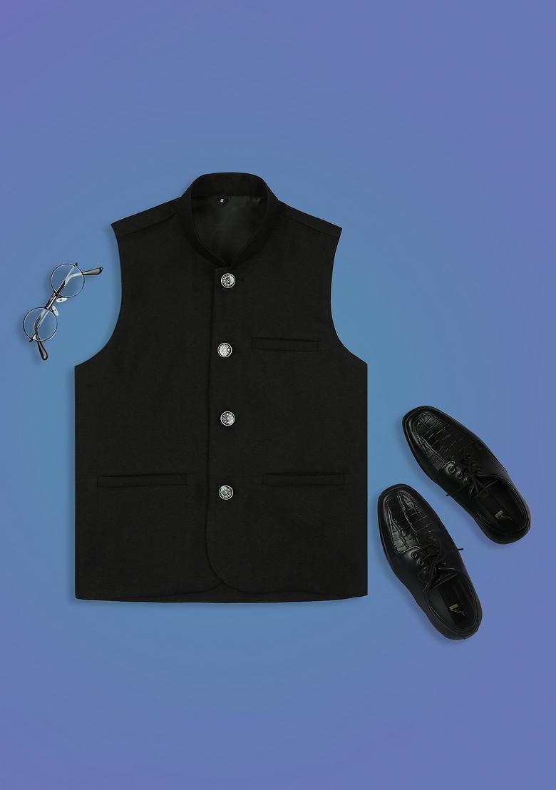 Black Solid Poly Cotton Nehru Jacket