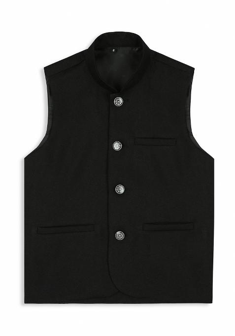 Black Solid Poly Cotton Nehru Jacket