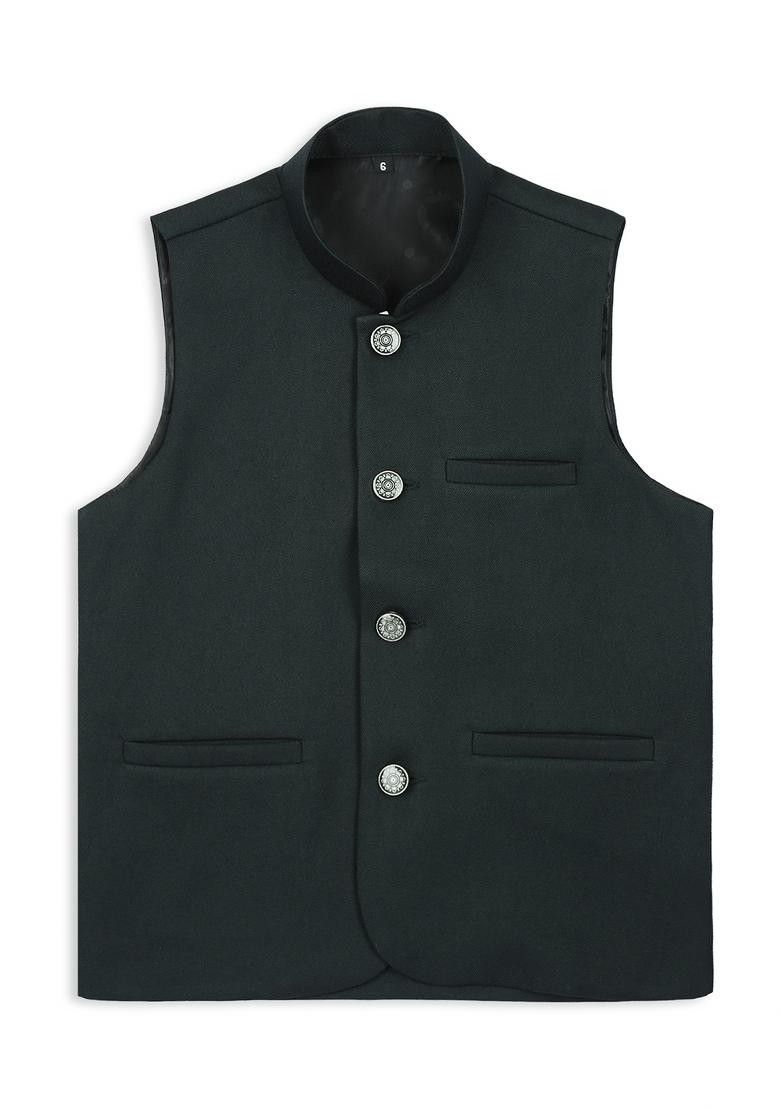Bottle Green Solid Poly Cotton Nehru Jacket