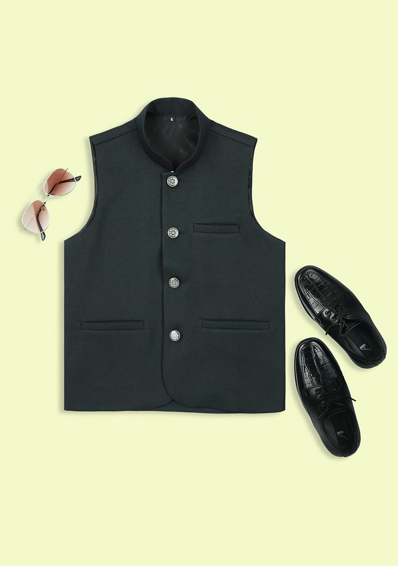 Bottle Green Solid Poly Cotton Nehru Jacket