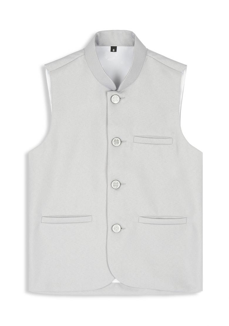 Grey Solid Poly Cotton Nehru Jacket