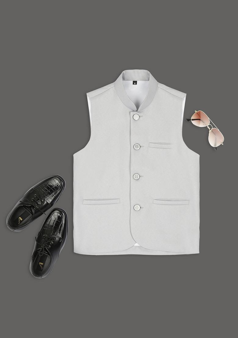 Grey Solid Poly Cotton Nehru Jacket