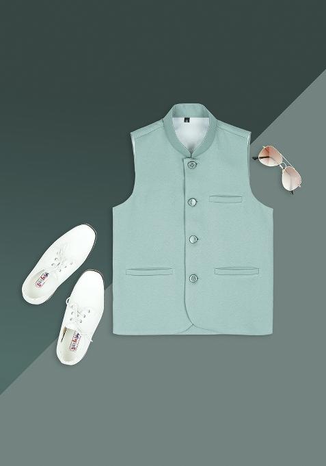 Light Green Solid Poly Cotton Nehru Jacket