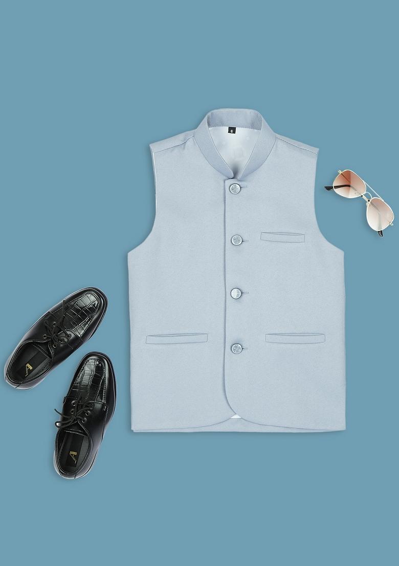 Sky Blue Solid Poly Cotton Nehru Jacket