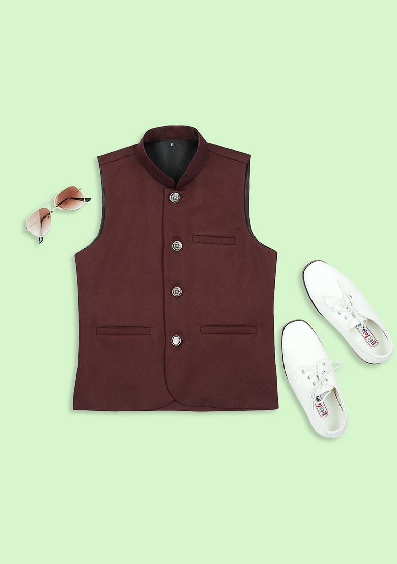 Maroon Solid Poly Cotton Nehru Jacket