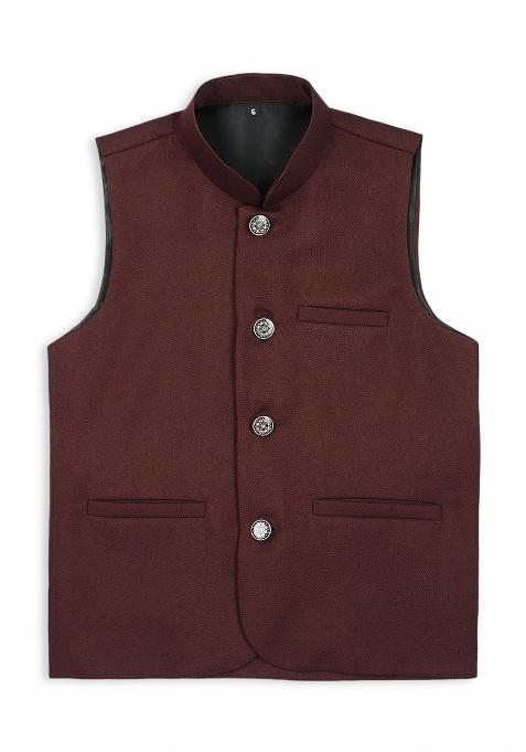 Maroon Solid Poly Cotton Nehru Jacket