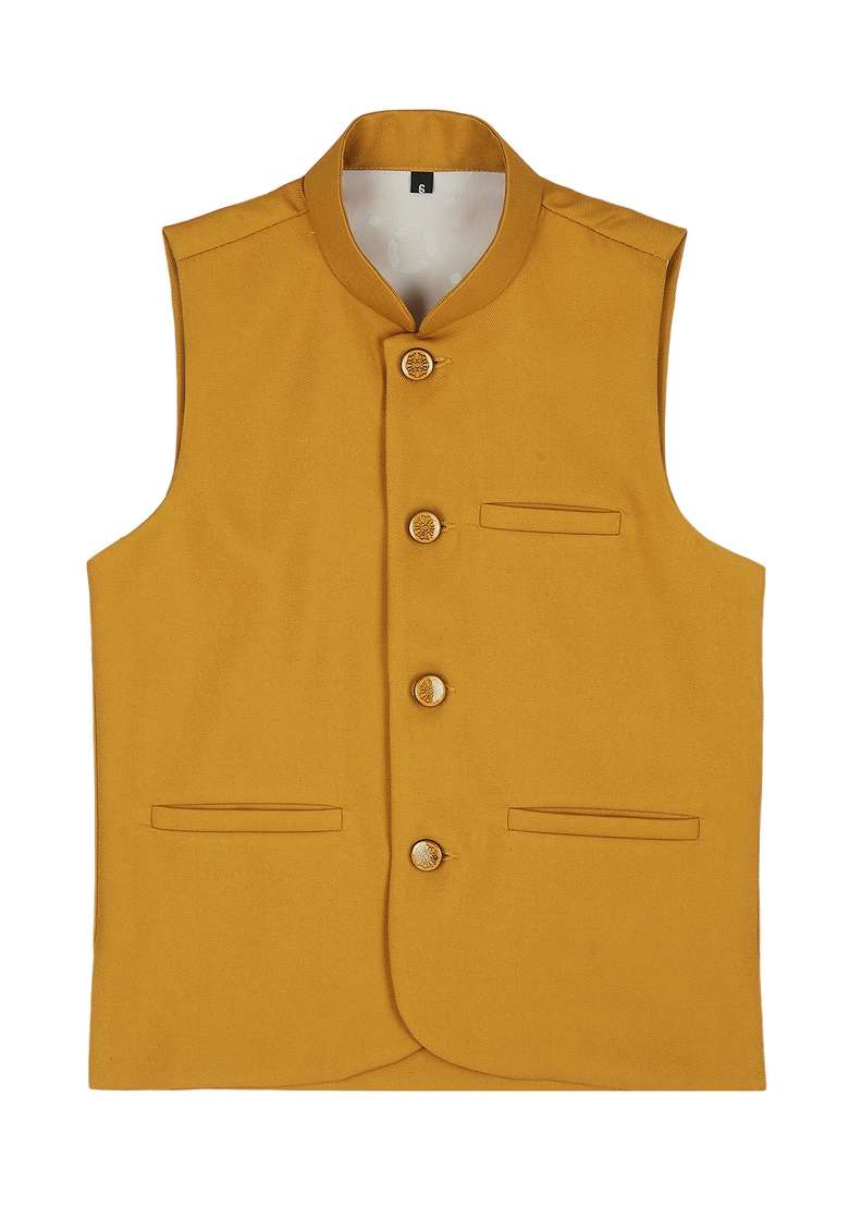 Ocher Yellow Solid Poly Cotton Nehru Jacket - Indya