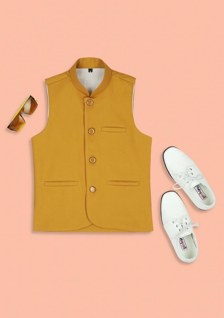 Ocher Yellow Solid Poly Cotton Nehru Jacket