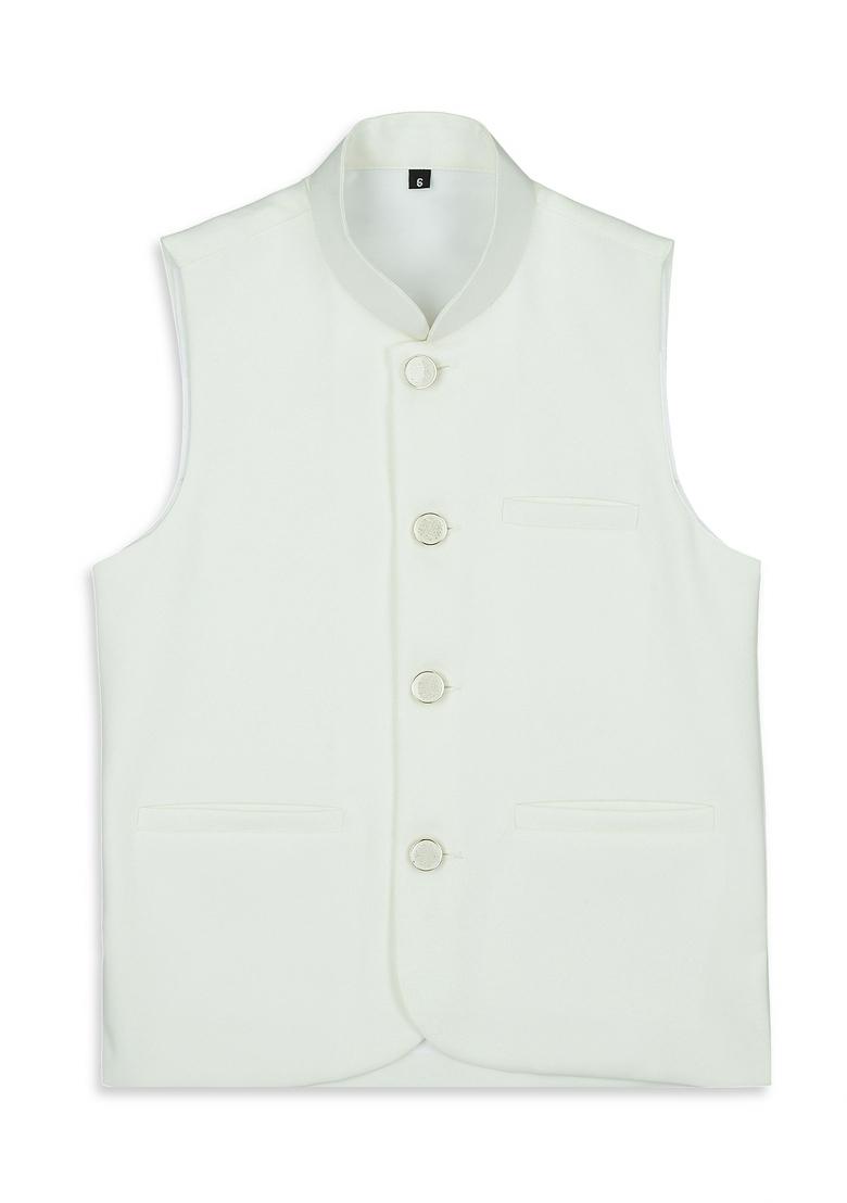 Off White Solid Poly Cotton Nehru Jacket
