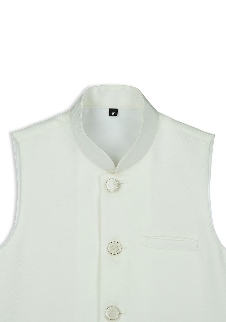 Off White Solid Poly Cotton Nehru Jacket