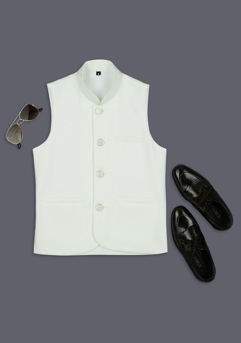 Off White Solid Poly Cotton Nehru Jacket
