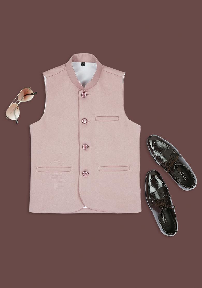 Peach Solid Poly Cotton Nehru Jacket