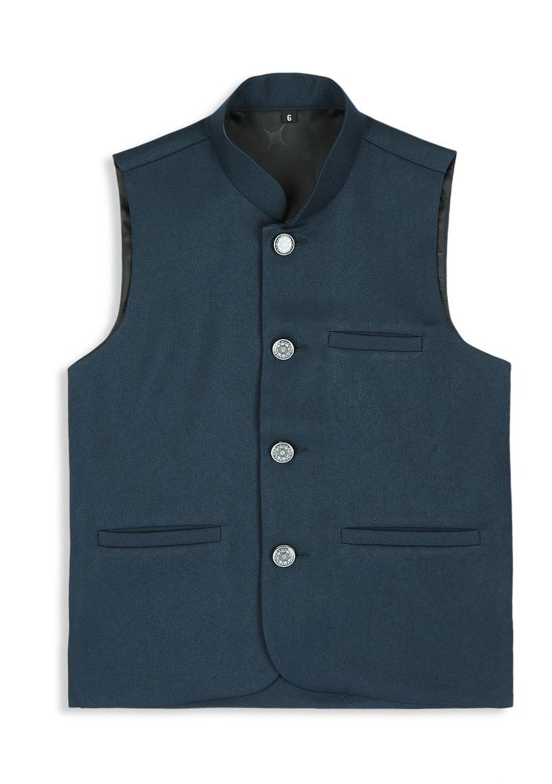Peacock Green Solid Poly Cotton Nehru Jacket