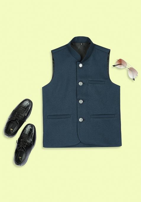 Peacock Green Solid Poly Cotton Nehru Jacket
