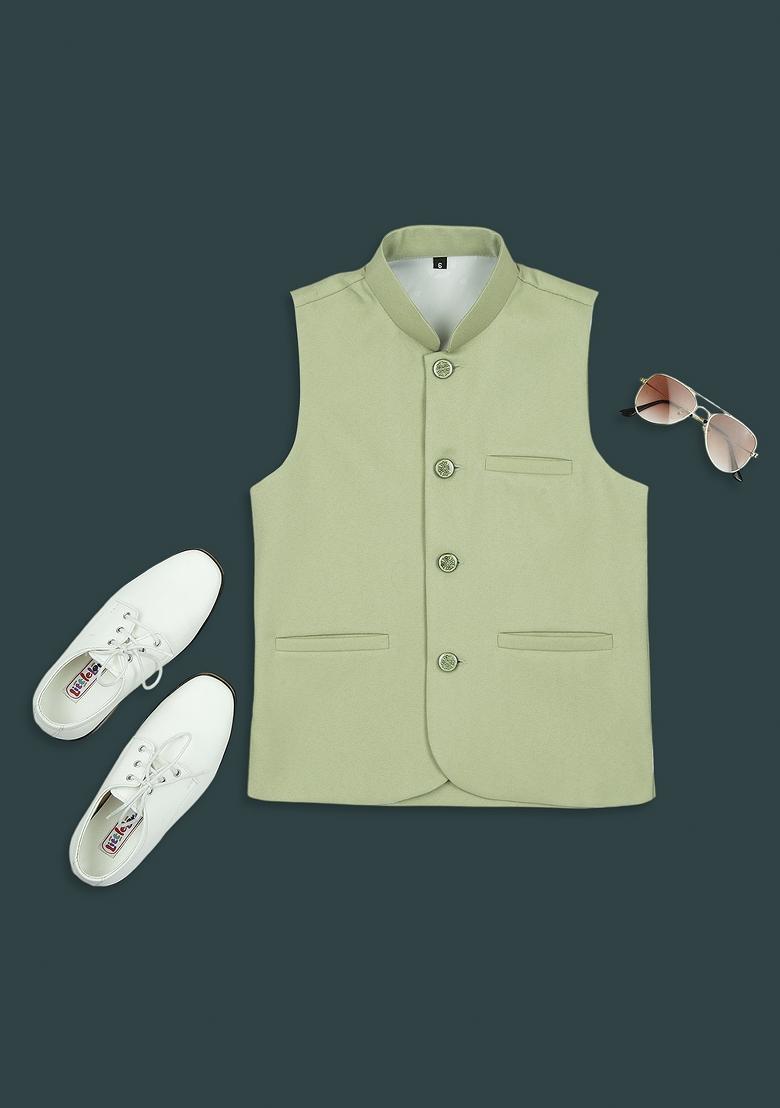 Pista Green Solid Poly Cotton Nehru Jacket