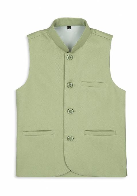 Pista Green Solid Poly Cotton Nehru Jacket