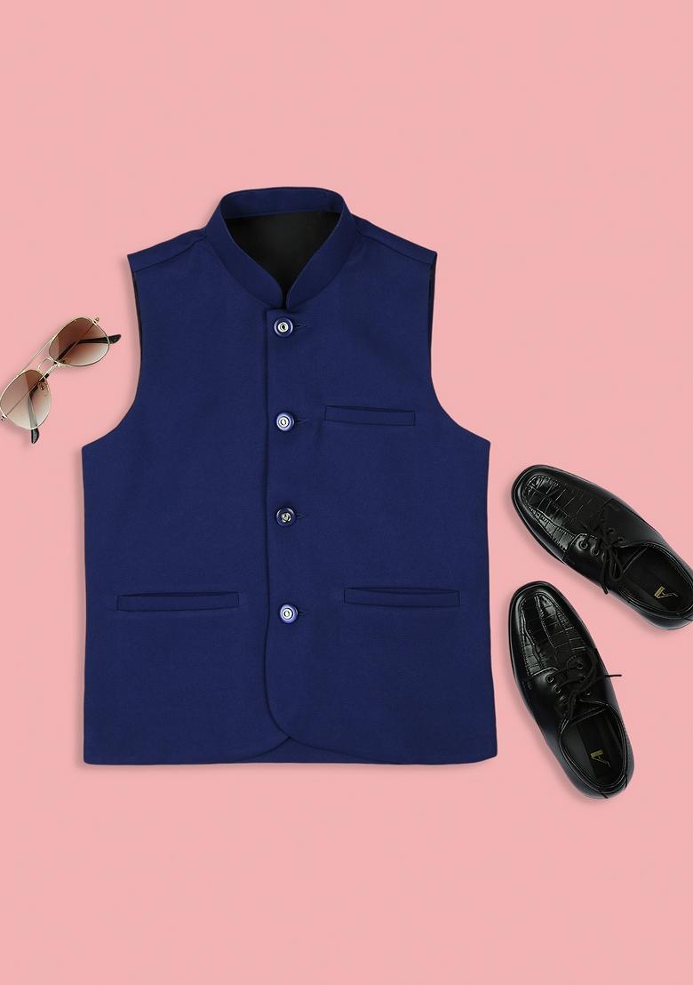 Royal Blue Solid Poly Cotton Nehru Jacket