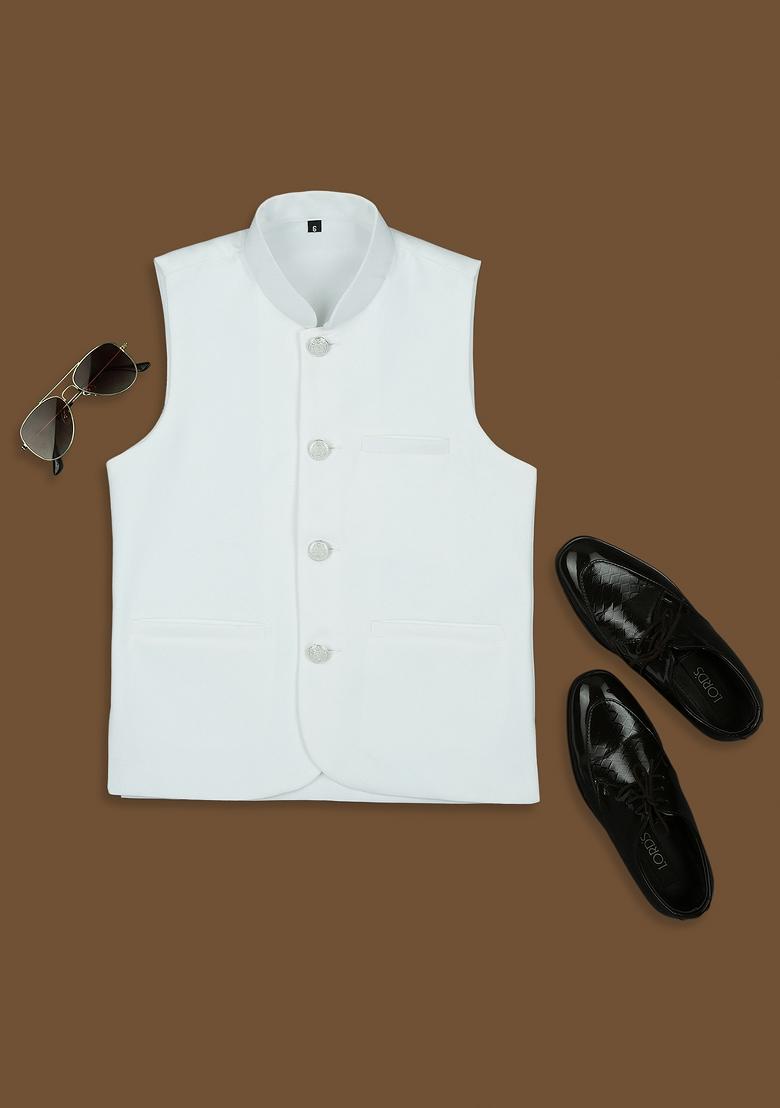 White Solid Poly Cotton Nehru Jacket