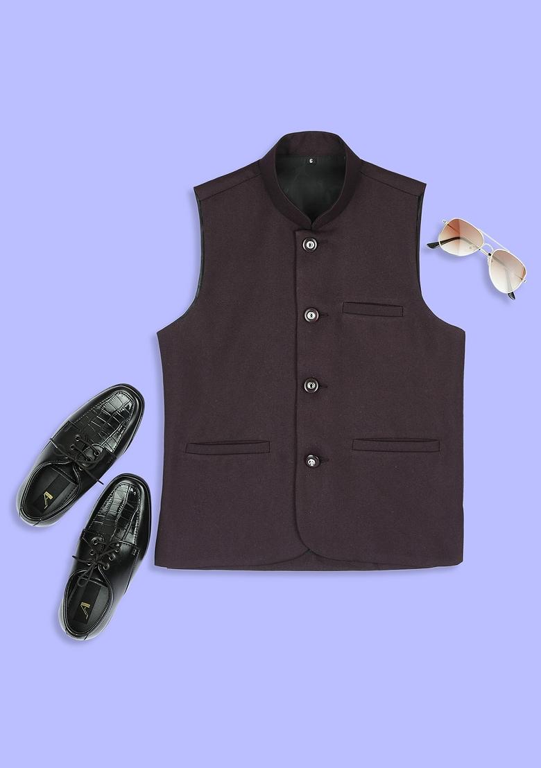 Wine Solid Poly Cotton Nehru Jacket