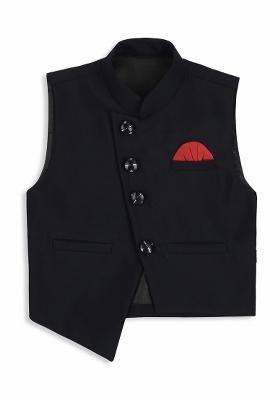 Navy Blue Printed Poly Cotton Nehru Jacket Set For Boy