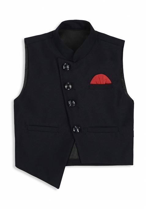 Navy Blue Printed Poly Cotton Nehru Jacket Set For Boy