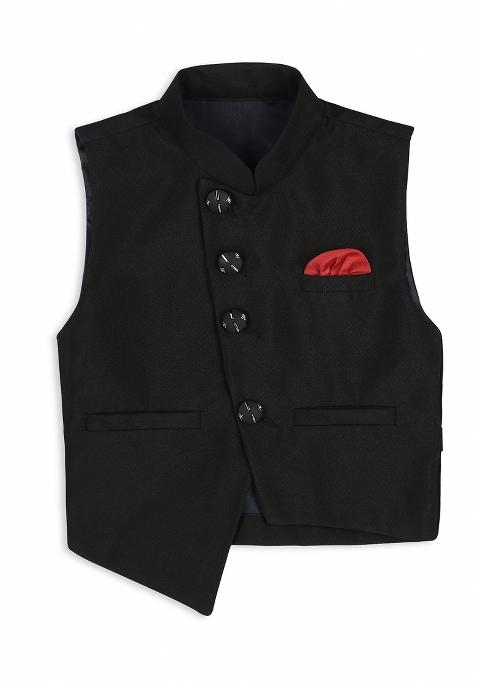 Black Printed Poly Cotton Nehru Jacket Set For Boy
