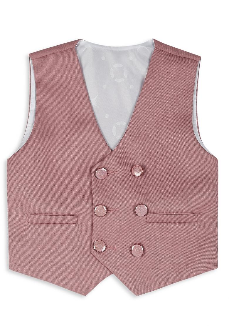 Peach Printed Poly Cotton Nehru Jacket Set For Boy