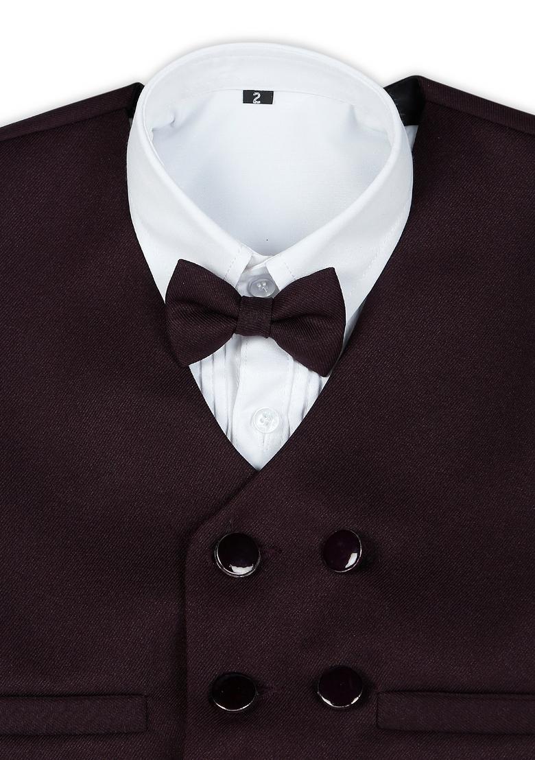 Wine Printed Poly Cotton Nehru Jacket Set For Boy