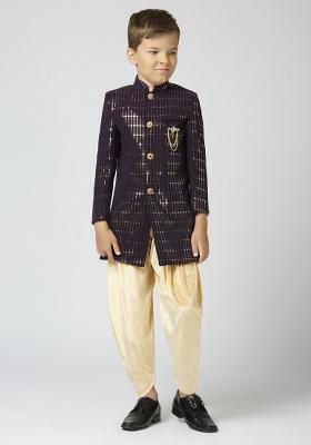 Purple Tikali Work Poly Cotton Kurta Set For Boy