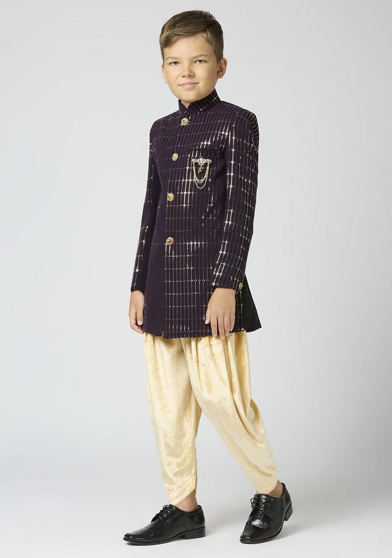 Purple Tikali Work Poly Cotton Kurta Set For Boy