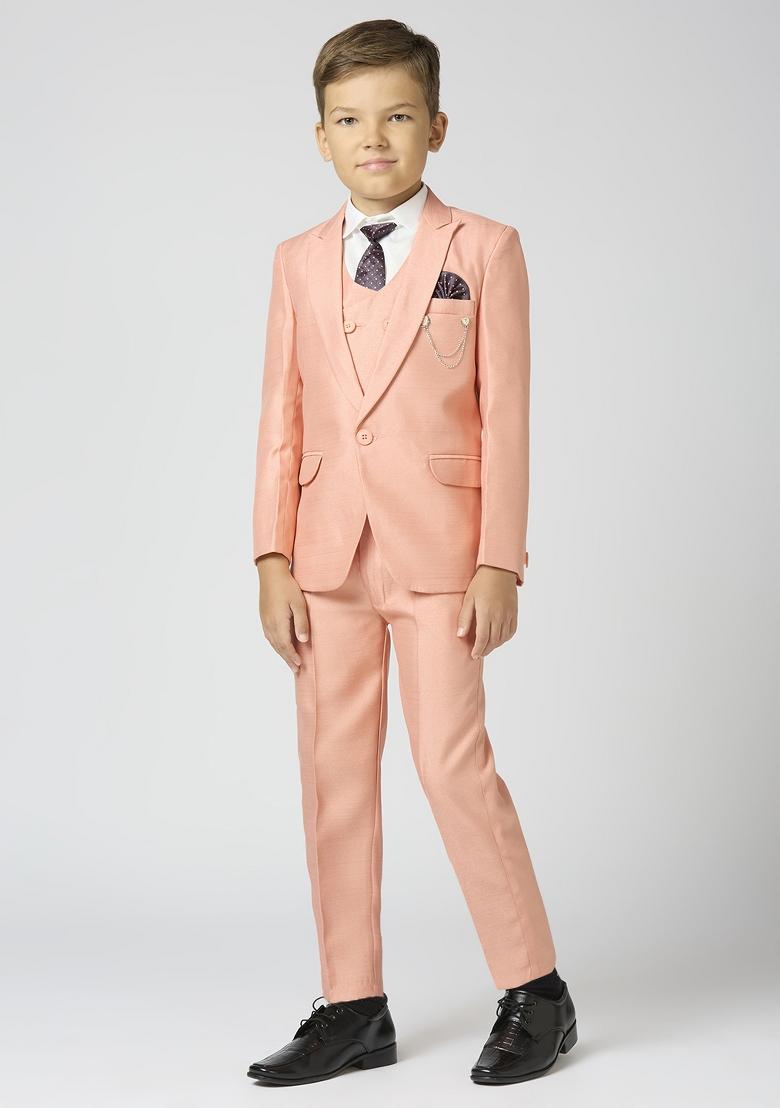 Peach Solid Poly Cotton Suit Set For Boy
