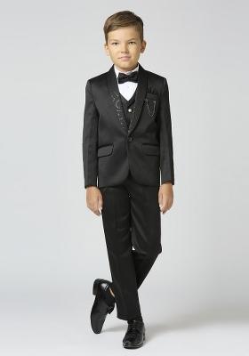 Black Embroidered Poly Cotton Suit Set For Boy