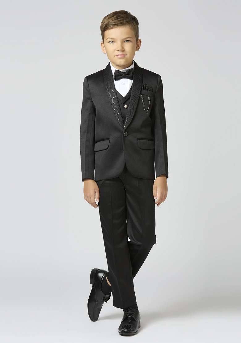Black Embroidered Poly Cotton Suit Set For Boy - Indya