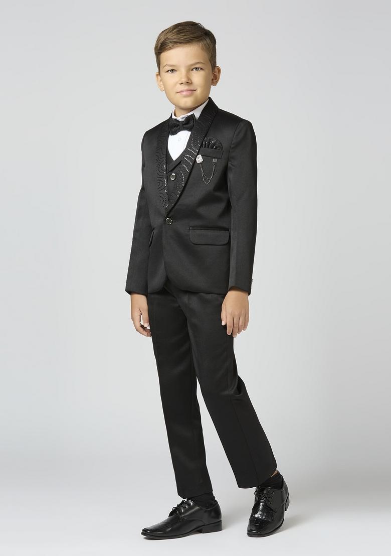 Black Embroidered Poly Cotton Suit Set For Boy