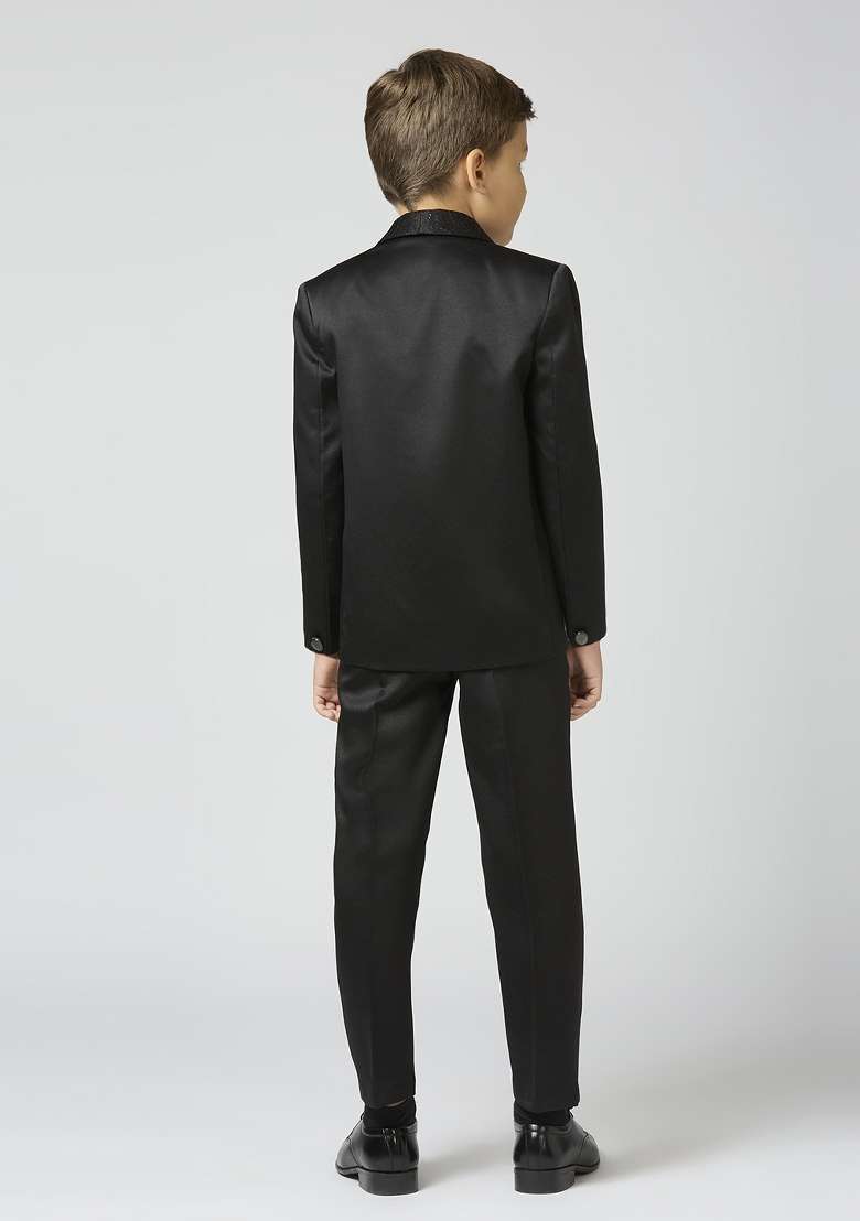 Black Embroidered Poly Cotton Suit Set For Boy - Indya