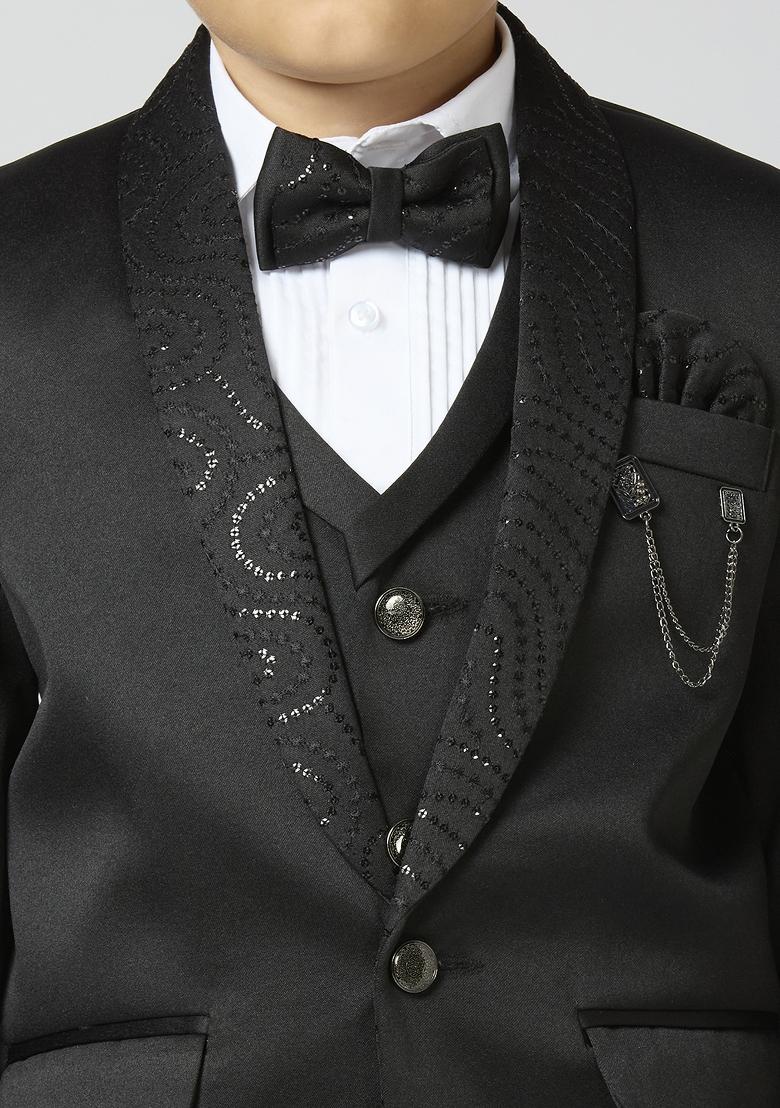 Black Embroidered Poly Cotton Suit Set For Boy
