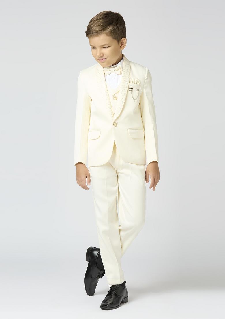 Cream Embroidered Poly Cotton Suit Set For Boy