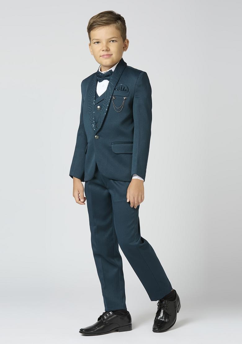 Peacock Green Embroidered Poly Cotton Suit Set For Boy