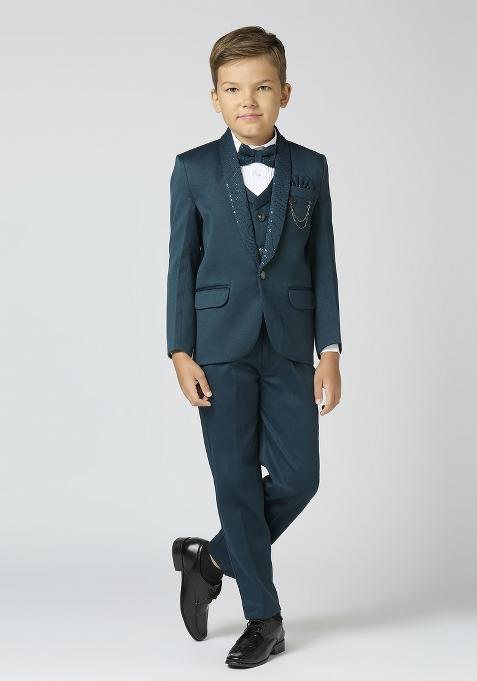 Peacock Green Embroidered Poly Cotton Suit Set For Boy — view on Indya