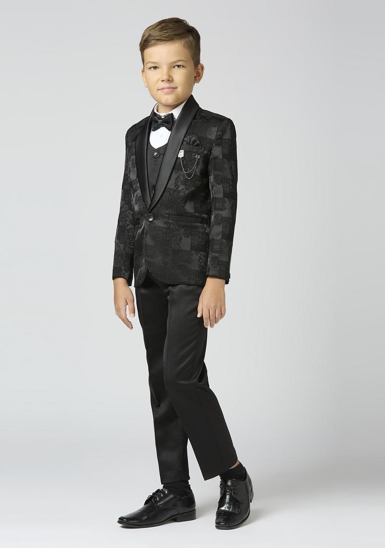 Black Textured Poly Cotton Suit Set For Boy