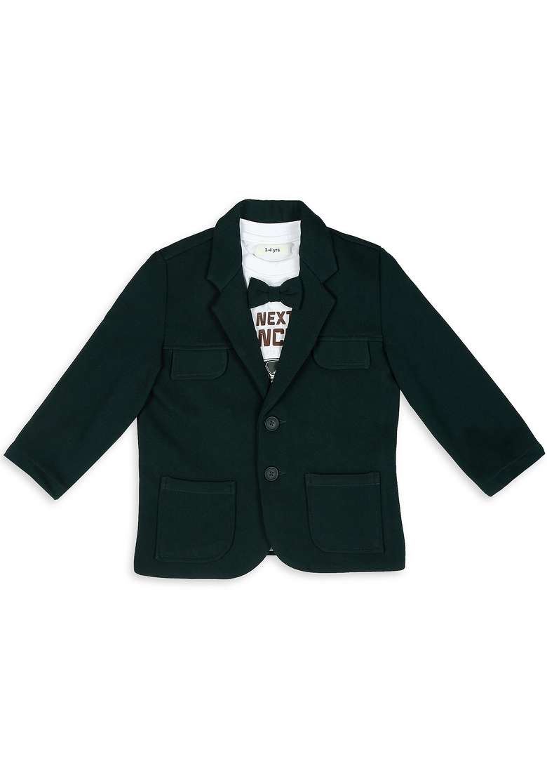 Bottle Green Printed Lycra Nehru Jacket Set For Boy - Indya