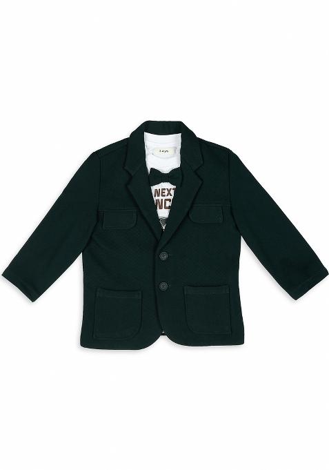 Bottle Green Printed Lycra Nehru Jacket Set For Boy