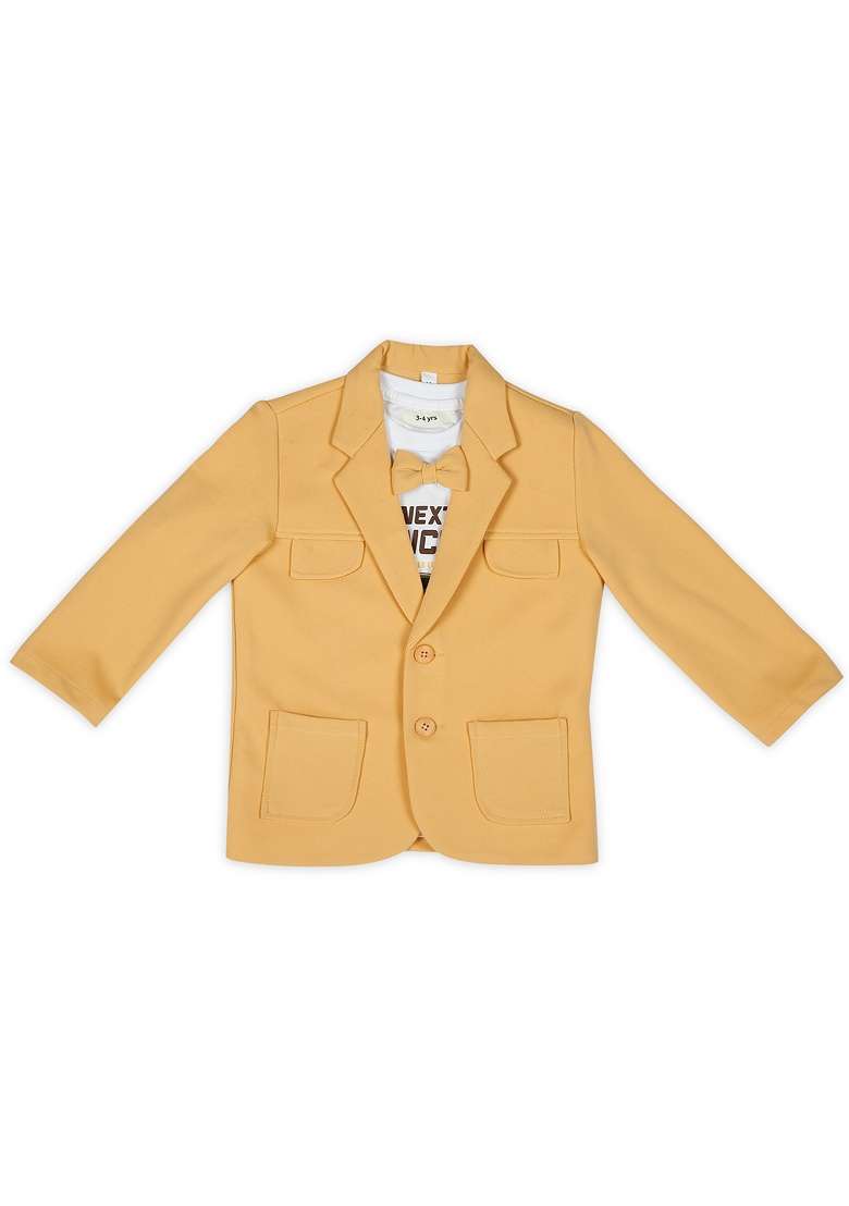 Ocher Yellow Printed Lycra Nehru Jacket Set For Boy - Indya