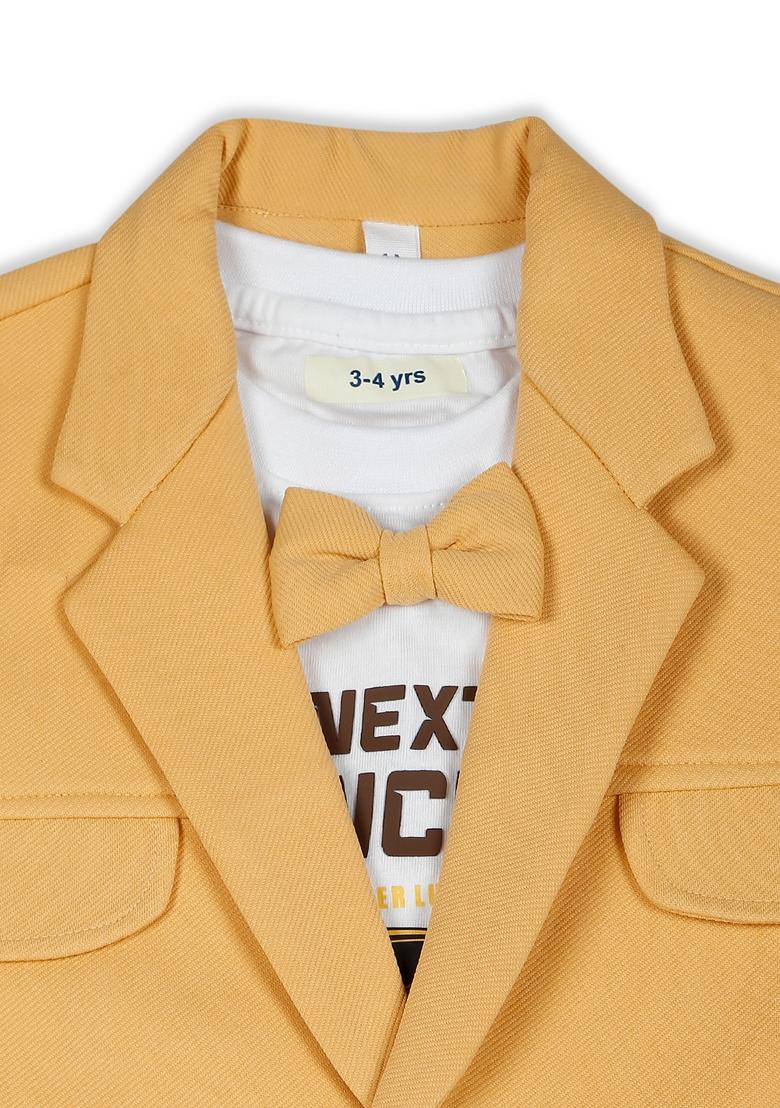 Ocher Yellow Printed Lycra Nehru Jacket Set For Boy