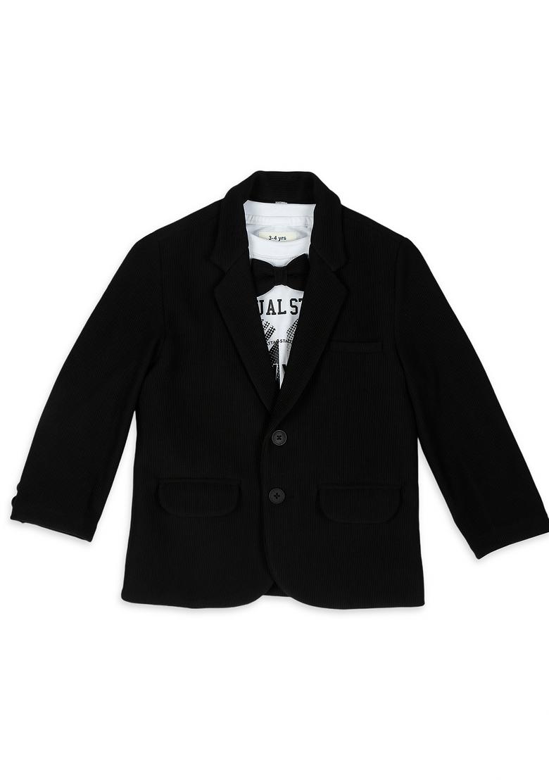 Black Printed Lycra Nehru Jacket Set For Boy