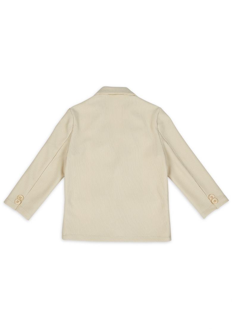 Cream Printed Lycra Nehru Jacket Set For Boy
