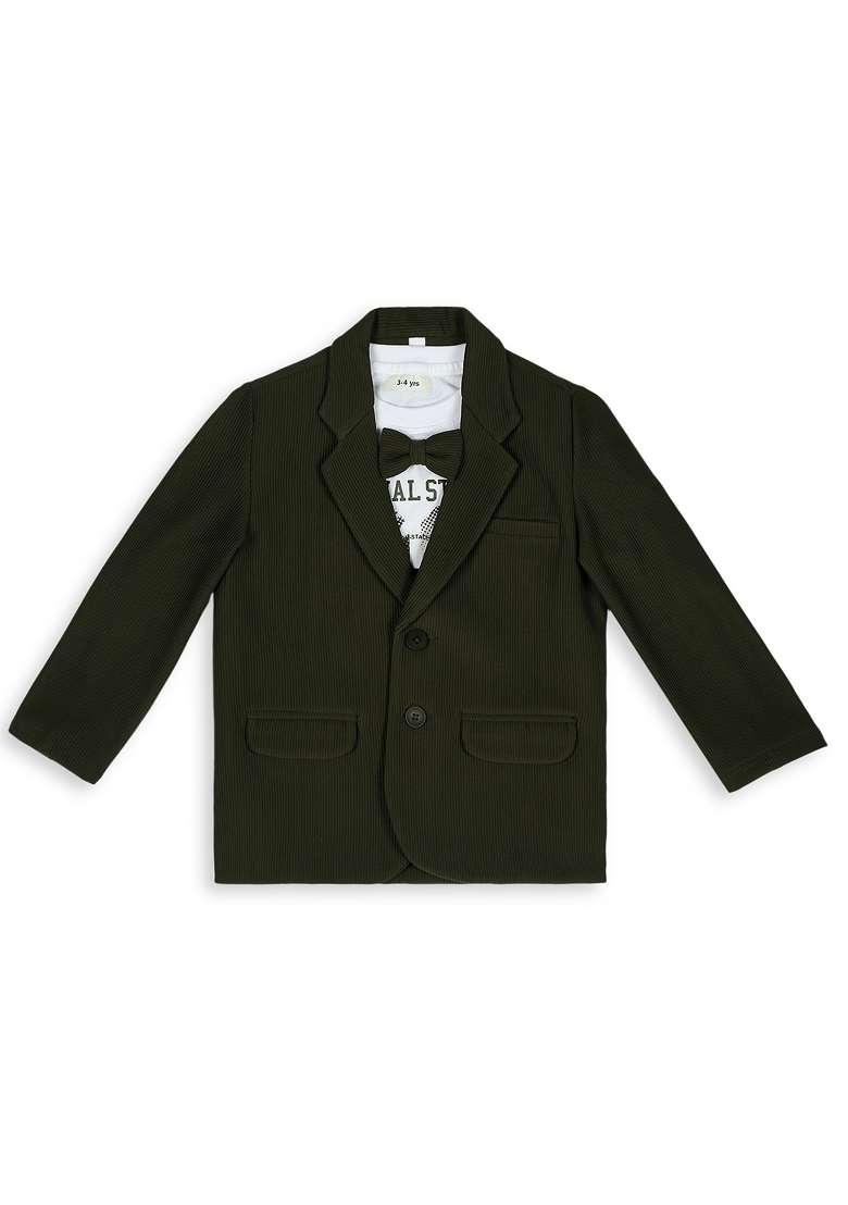 Olive Green Printed Lycra Nehru Jacket Set For Boy - Indya