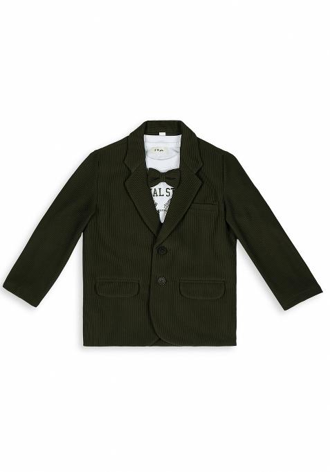 Olive Green Printed Lycra Nehru Jacket Set For Boy