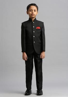 Black Solid Poly Cotton Kurta Set For Boy